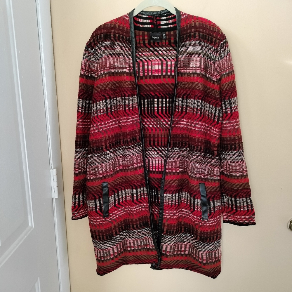 Rafaella Cardigan Duster Sweater Knit Faux Leather Trim L Southwestern Office
